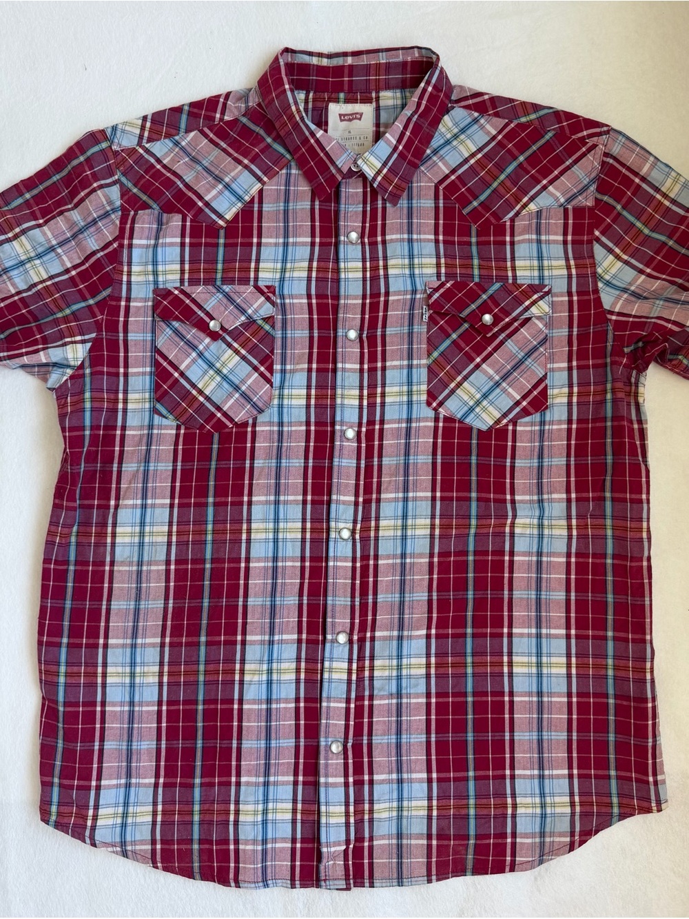 Levi’s XL Western Plaid Pearl Snap Shirt Burgundy Blue red Y2K Cowboy
